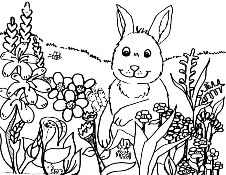 Desenhos de Coelhinho Admirando As Flores Da Primavera para colorir