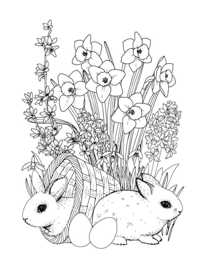 Desenhos de Coelhinhos Escondidos Em Matagais De Narcisos para colorir