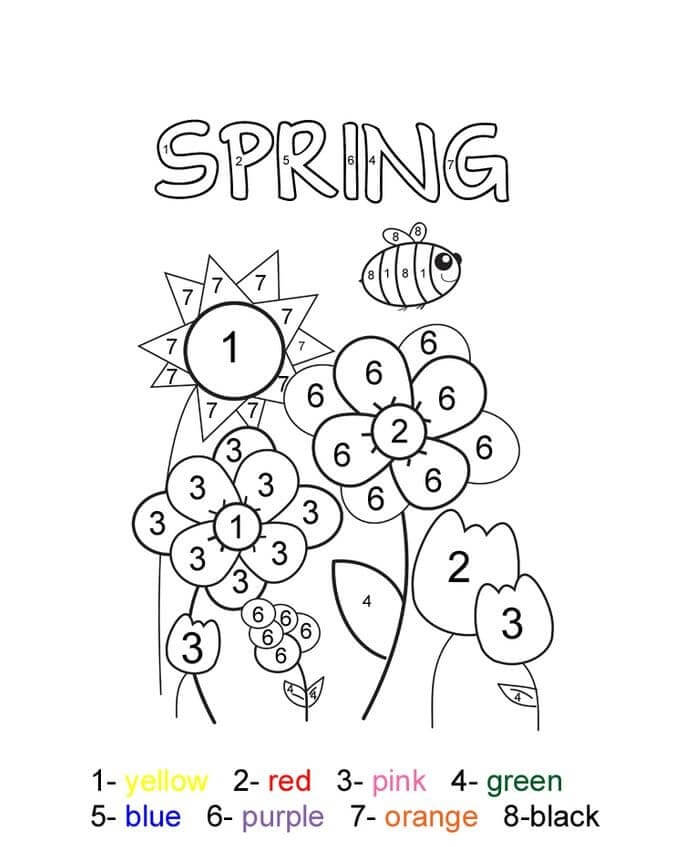 Desenhos de Flor De Primavera Com Cor De Abelha Por Número para colorir