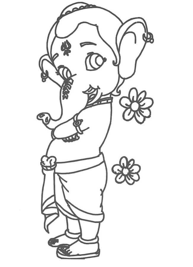 Desenhos de Ganesh Fofo Com Flores para colorir