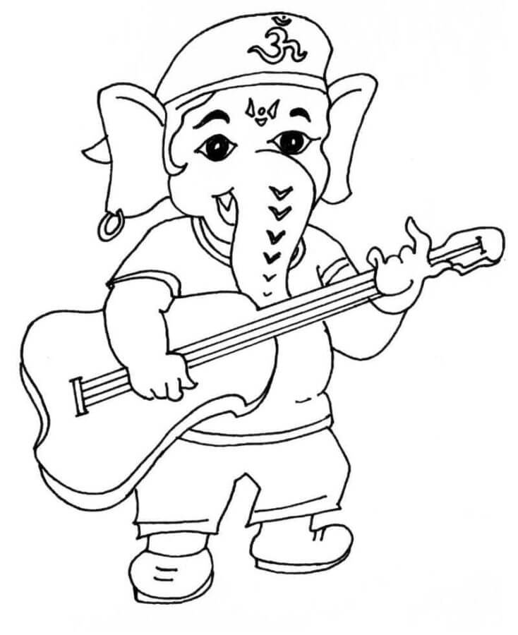 Desenhos de Ganesha Adora Tocar Guitarra para colorir