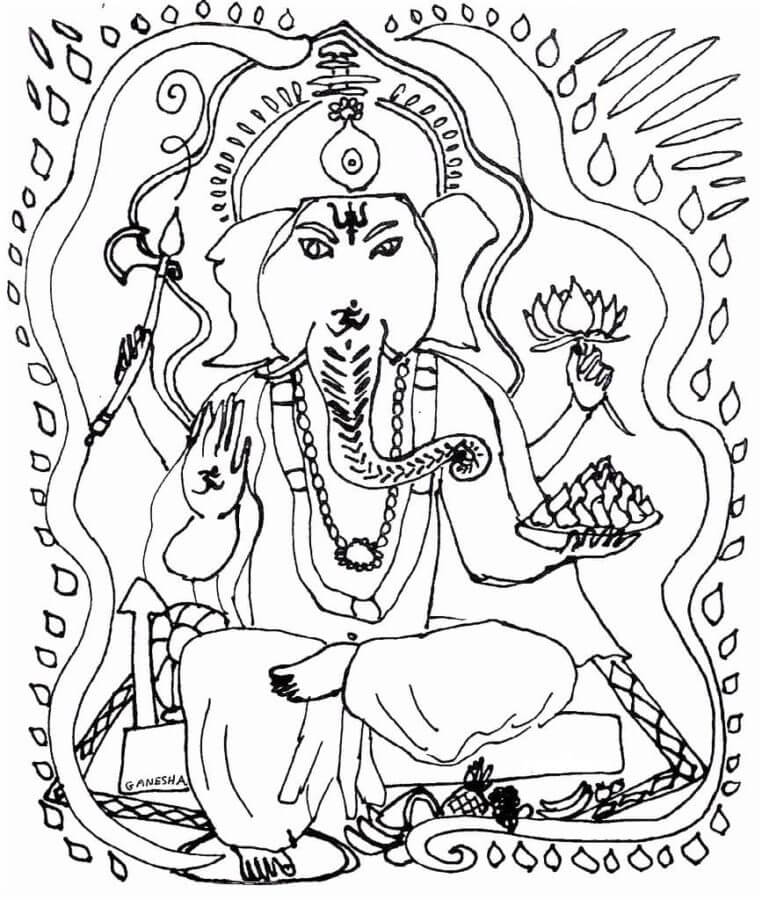 Desenhos de Ganesha Com Muitos Objetos Nas Mãos para colorir
