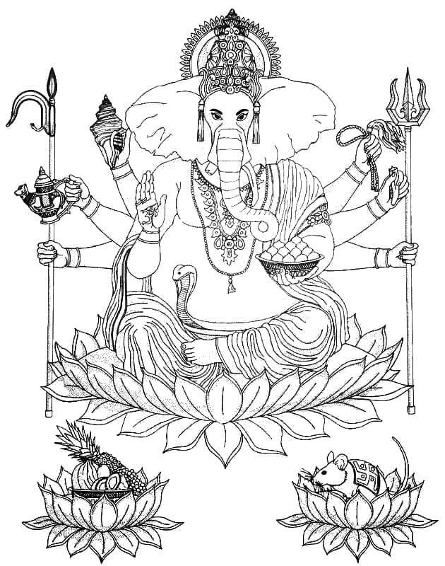 Desenhos de Ganesha Com Seus Símbolos e Objetos para colorir