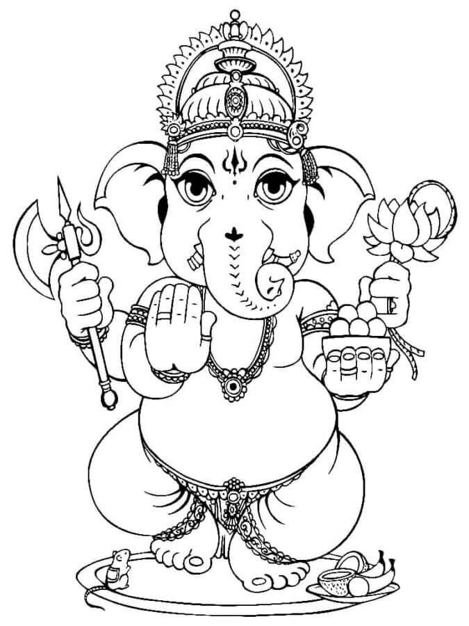 Ganesha Segurando Arma e Flor para colorir