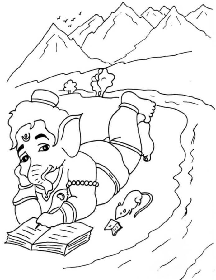 Livro De Leitura de Ganesha Com Rato e Rio para colorir