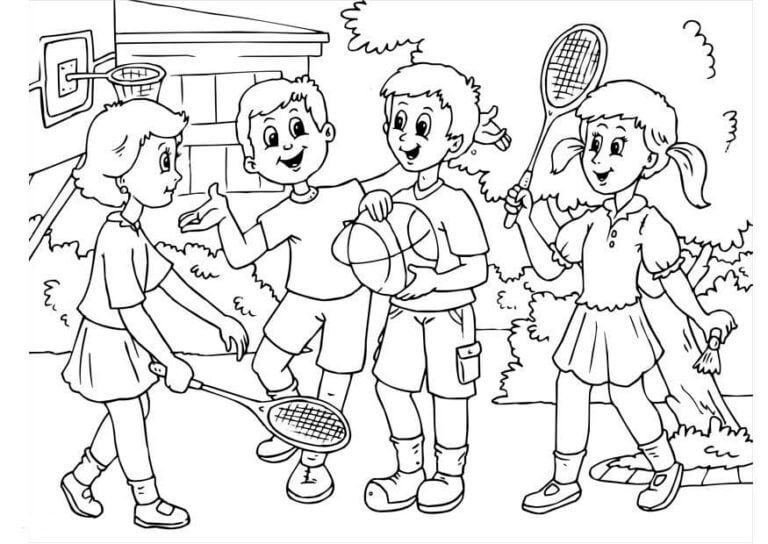 Quatro Crianças Com Badminton e Basquete para colorir