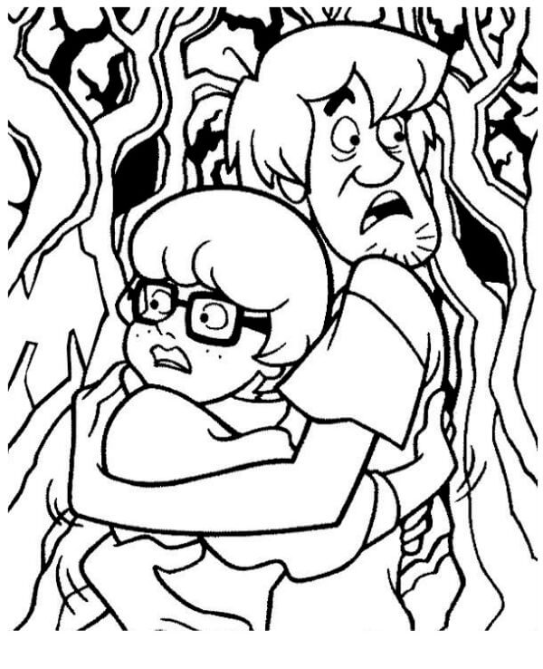 Desenhos de Salsicha Rogers Assustada Abraçando Velma Dinkley para colorir