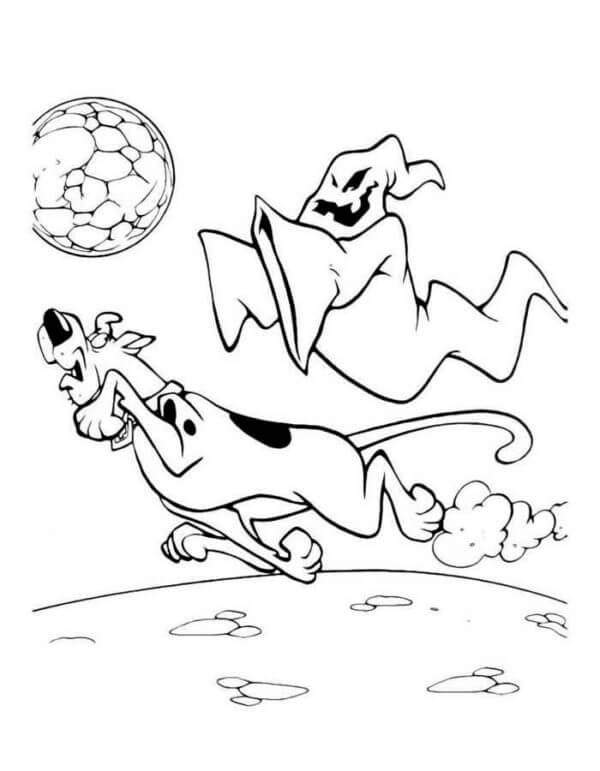 Desenhos de Scooby-Doo Assustado Com Fantasma Voando para colorir