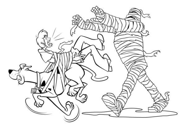 Desenhos de Scooby Doo Com Salsicha Correndo Com a Múmia para colorir