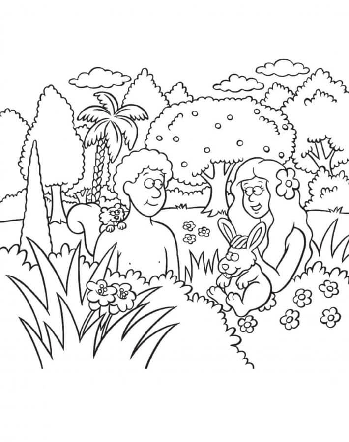 Desenhos de Adão e Eva Brincam Com Animais para colorir