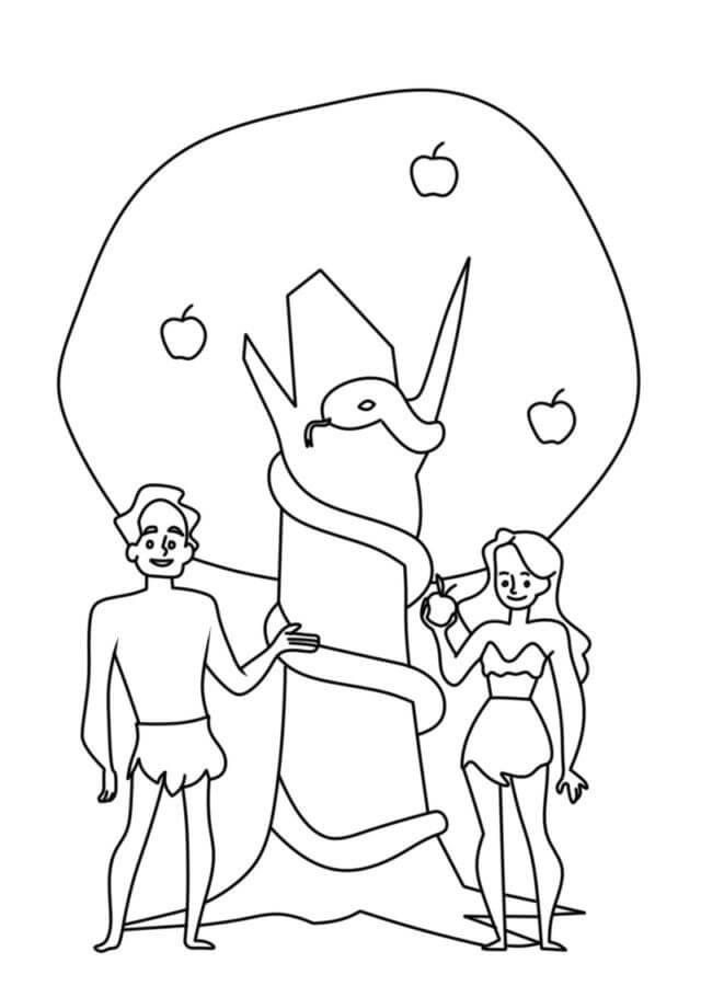 Desenhos de Adão e Eva Com Árvore, Cobra para colorir