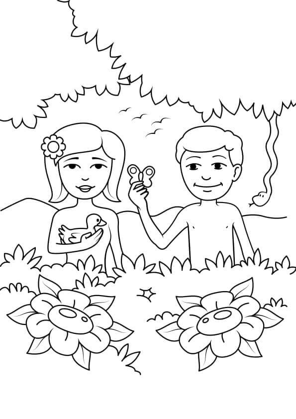 Desenhos de Adão e Eva Com Flores para colorir