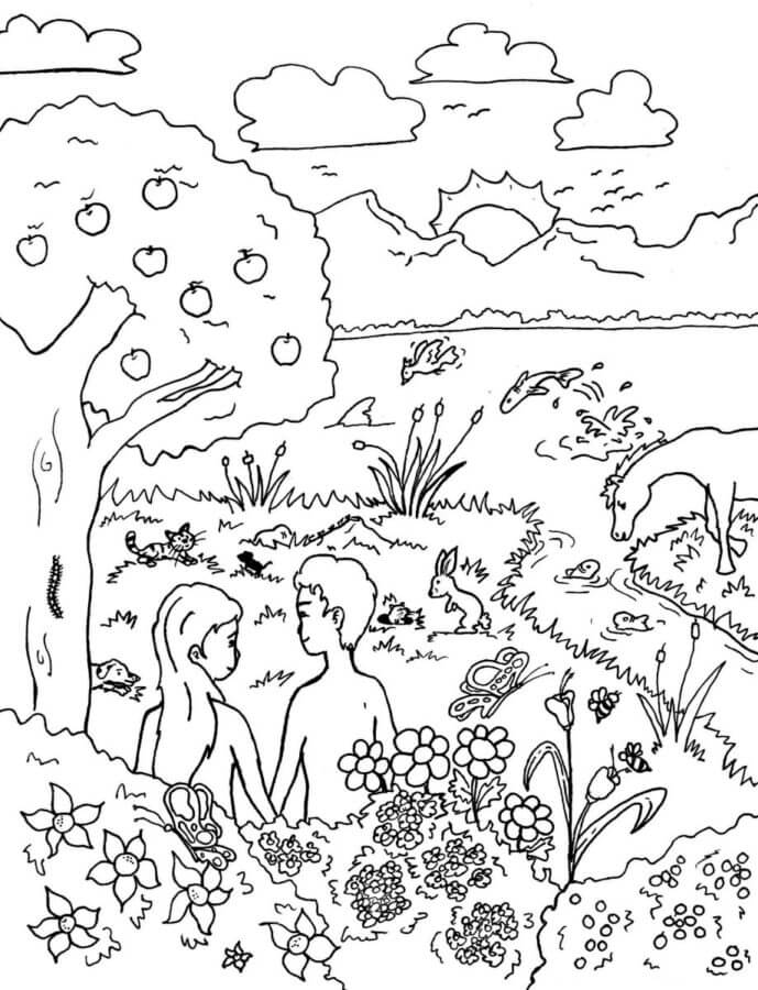 Desenhos de Adão e Eva Com Lindo Fundo para colorir
