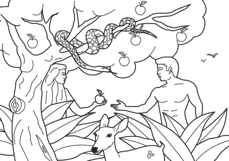 Desenhos de Adão e Eva com Veado para colorir