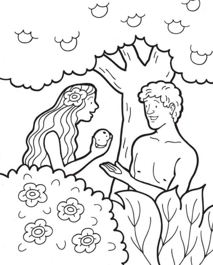 Desenhos de Adão e Eva Cometem o Primeiro Pecado para colorir