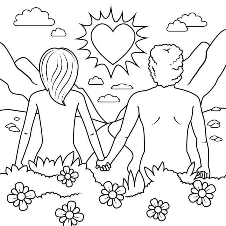 Desenhos de Adão e Eva Observando o Sol para colorir