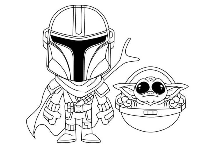 Desenhos de Chibi Mandaloriano e Bebê Yoda para colorir