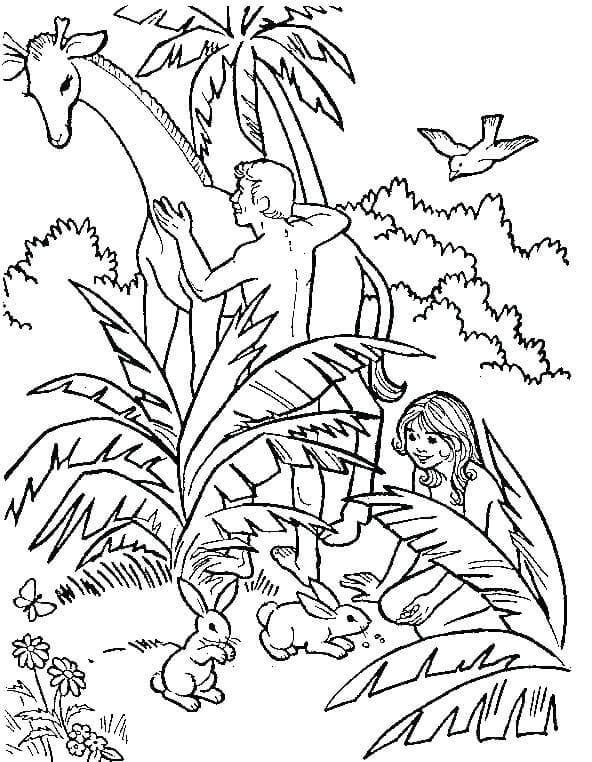Desenhos de Eva e Adão Brincam Com Animais Fofos para colorir