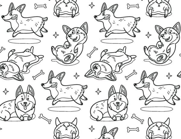 Desenhos de Filhote De Cachorro Corgi Feliz Em Poses Diferentes para colorir