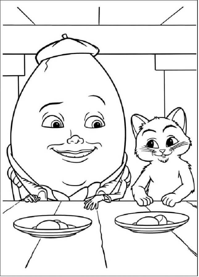 Desenhos de Gatinho de Botas e Humpty Dumpty Na Mesa De Jantar para colorir