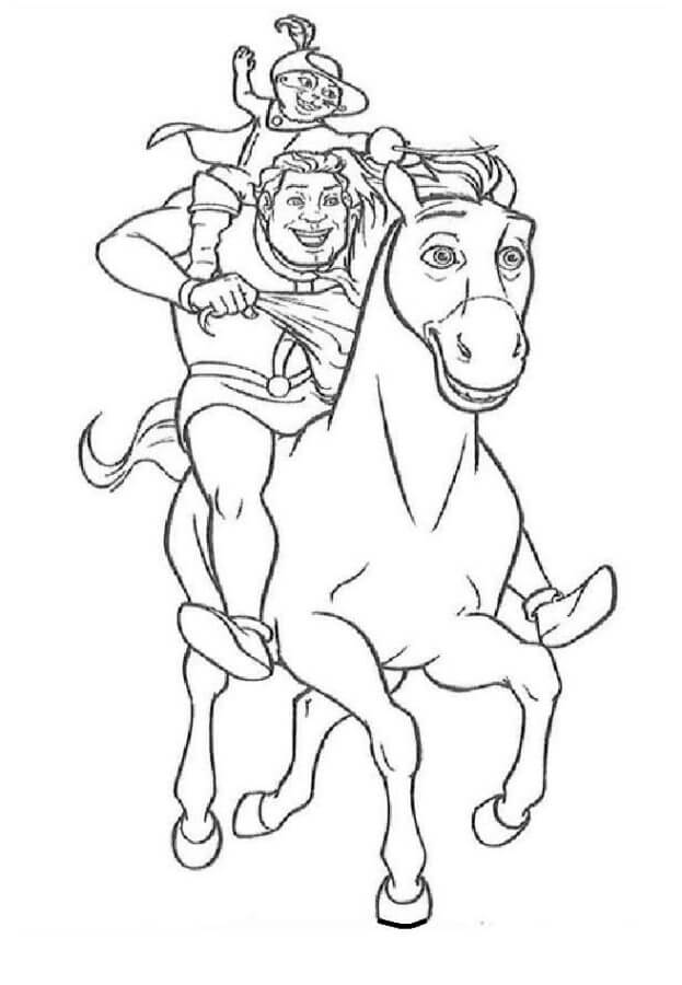 Desenhos de Gato de Botas e Shrek Andando a Cavalo para colorir