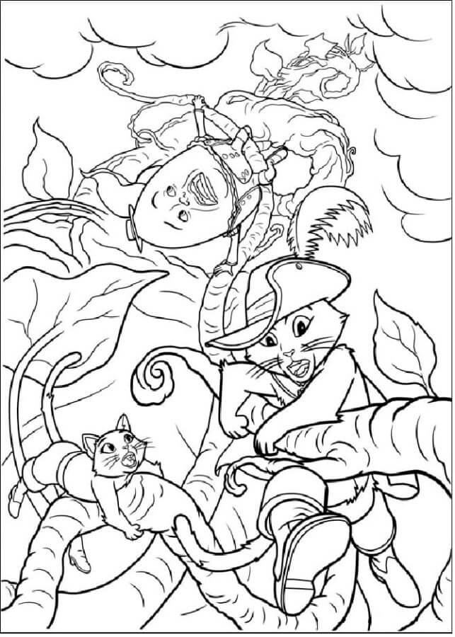 Desenhos de Gato de Botas, Kitty e Humpty em um Feijão para colorir