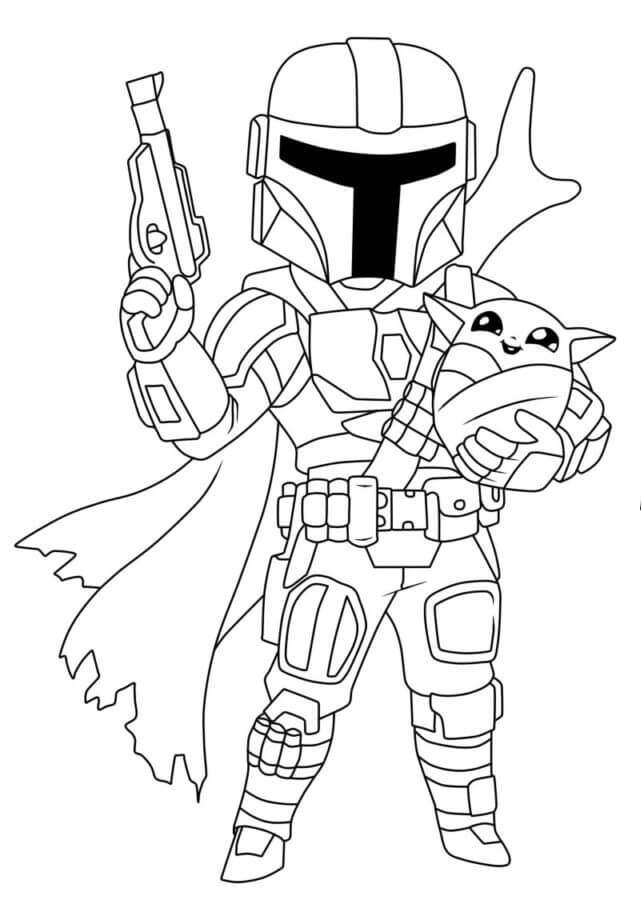 Desenhos de Mandaloriano Segurando Bebê Yoda e Arma para colorir