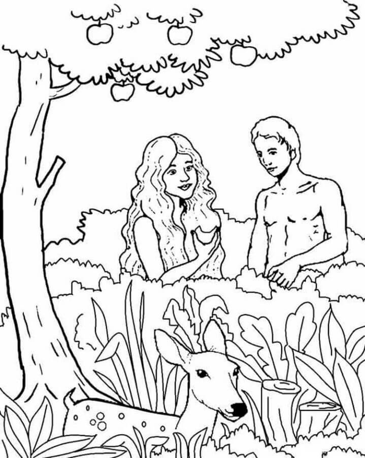 Desenhos de O Cervo Caminha Perto De Adão e Eva para colorir