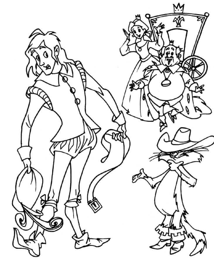 Desenhos de O Rei e a Princesa Conhecem o Gato de Botas e o Marquês para colorir