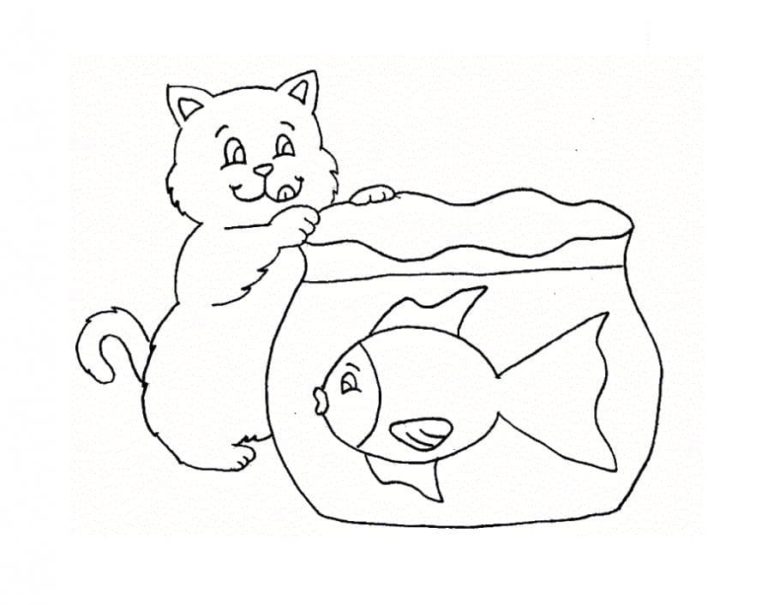 Gato Com Peixe Grande No Aquário para colorir