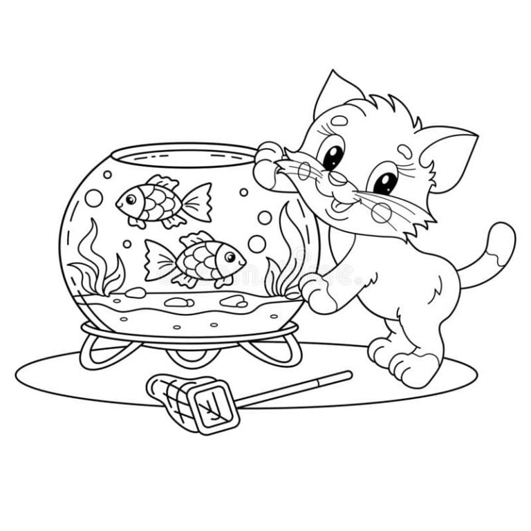 Desenhos de Gato Divertido Com Rede e Aquário para colorir