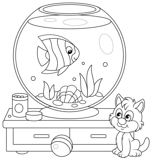 Desenhos de Gato Sorridente Com Peixes No Aquário para colorir