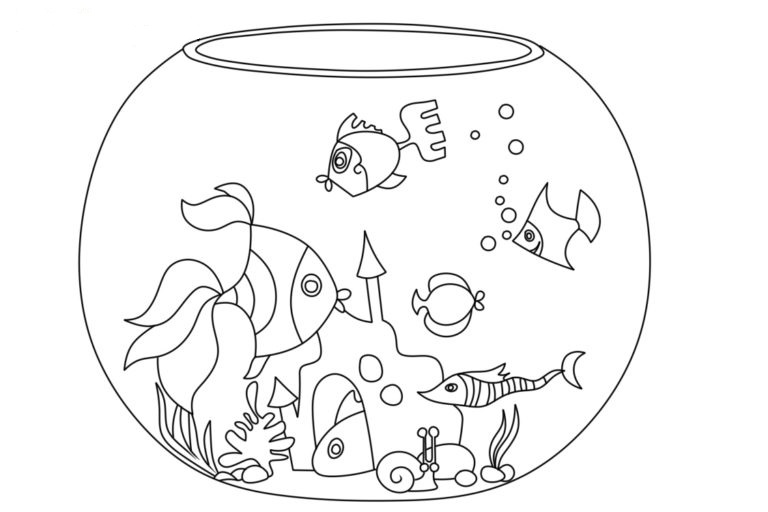 Desenhos de Peixes e Um Castelo Em Um Aquário Redondo para colorir