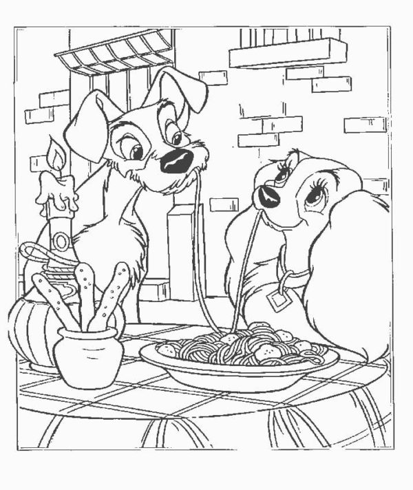A Dama e o Vagabundo com Jantar para colorir
