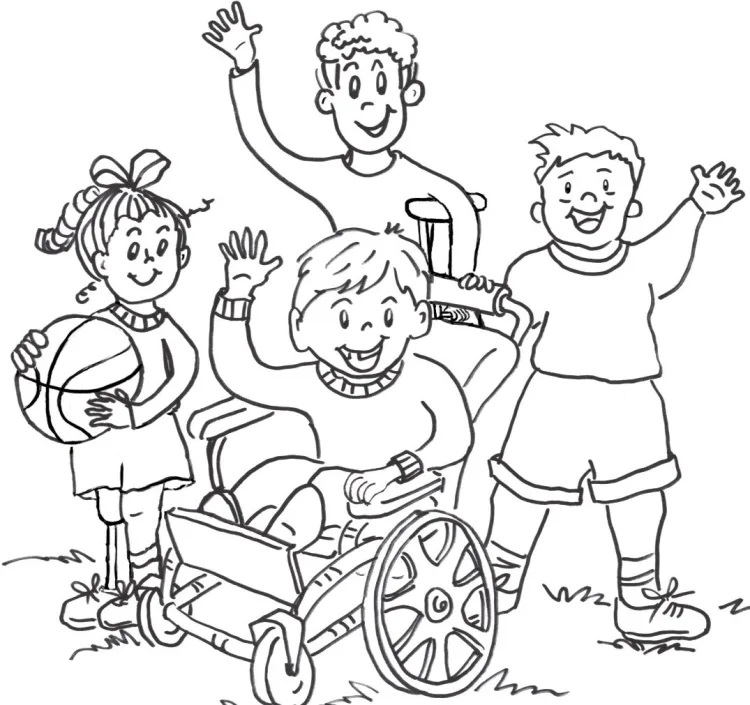 Desenhos de Crianças Engraçadas Com Cadeira de Rodas para colorir