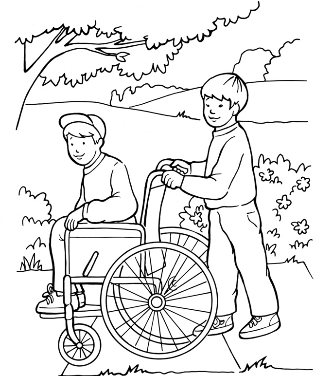 Duas Crianças Com Cadeira de Rodas para colorir