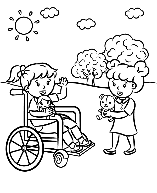 Duas Crianças com Cadeira de Rodas para colorir