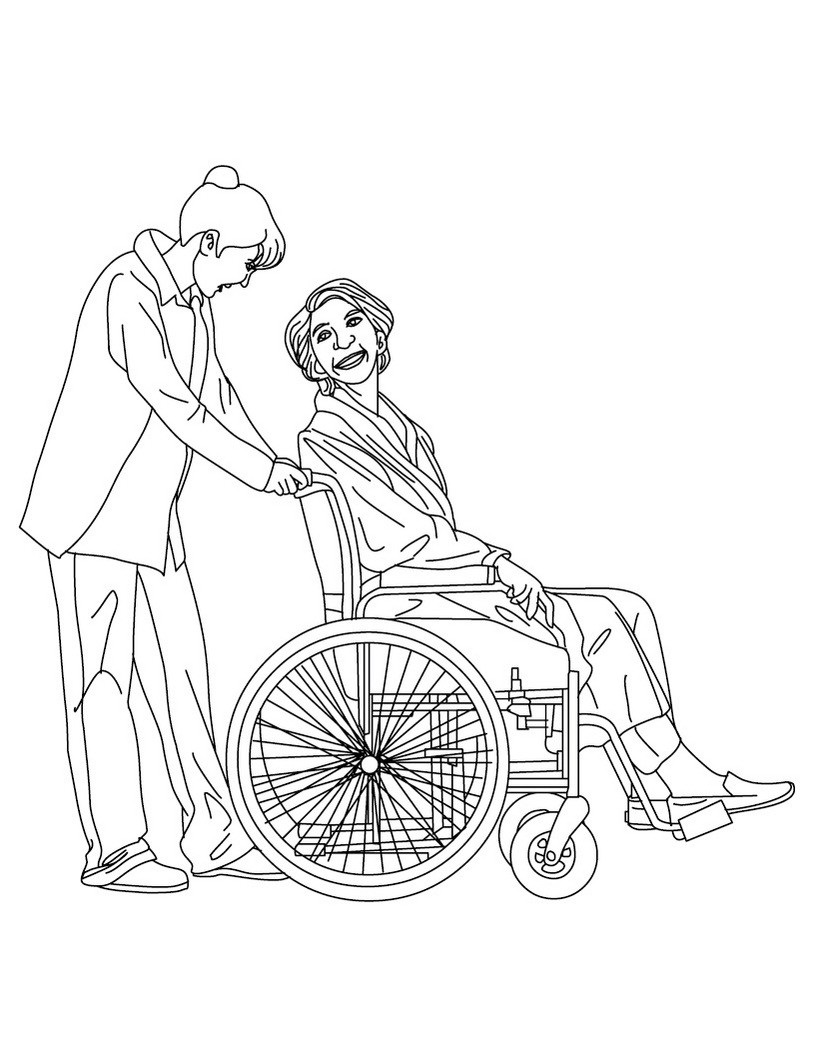 Desenhos de Enfermeira Cuidando de um Paciente Idoso para colorir