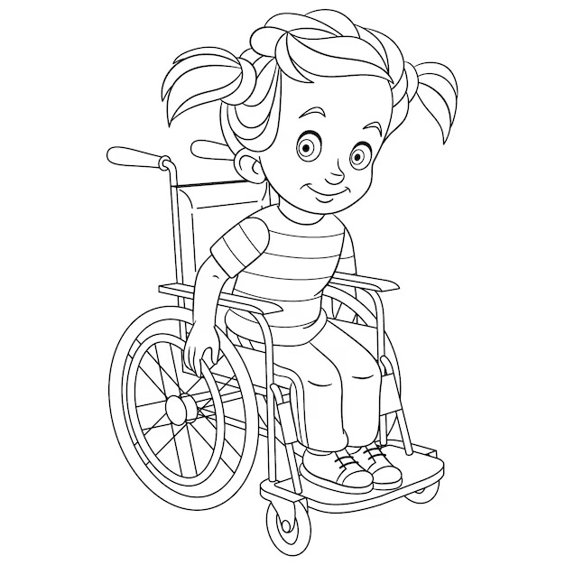 Desenhos de Garota Feliz com Deficiência na Cadeira de Rodas para colorir