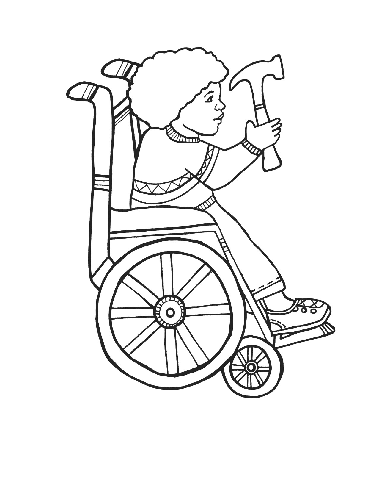 Desenhos de Menina Segurando um Martelo na Cadeira de Rodas para colorir