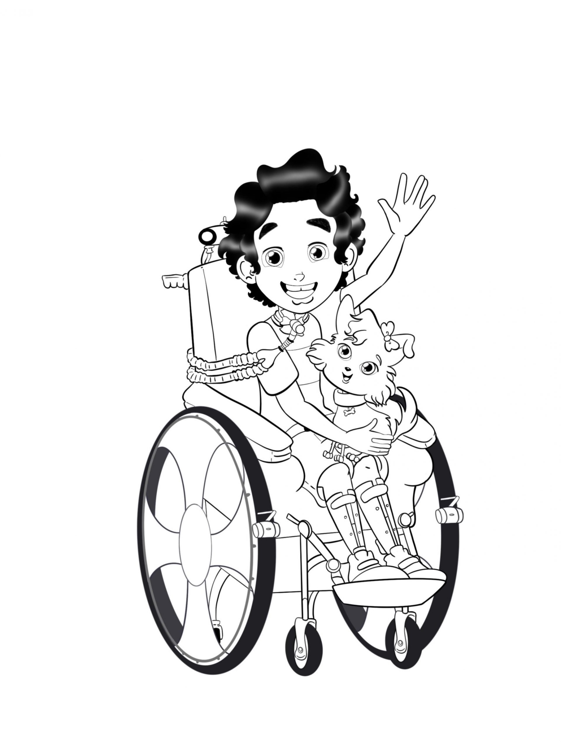Desenhos de Menino Feliz e Animal de Estimação em Cadeira de Rodas para colorir
