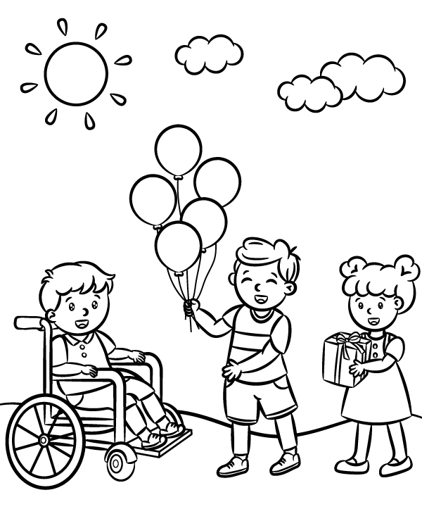 Menino Sentado em uma Cadeira de Rodas em Aniversário para colorir