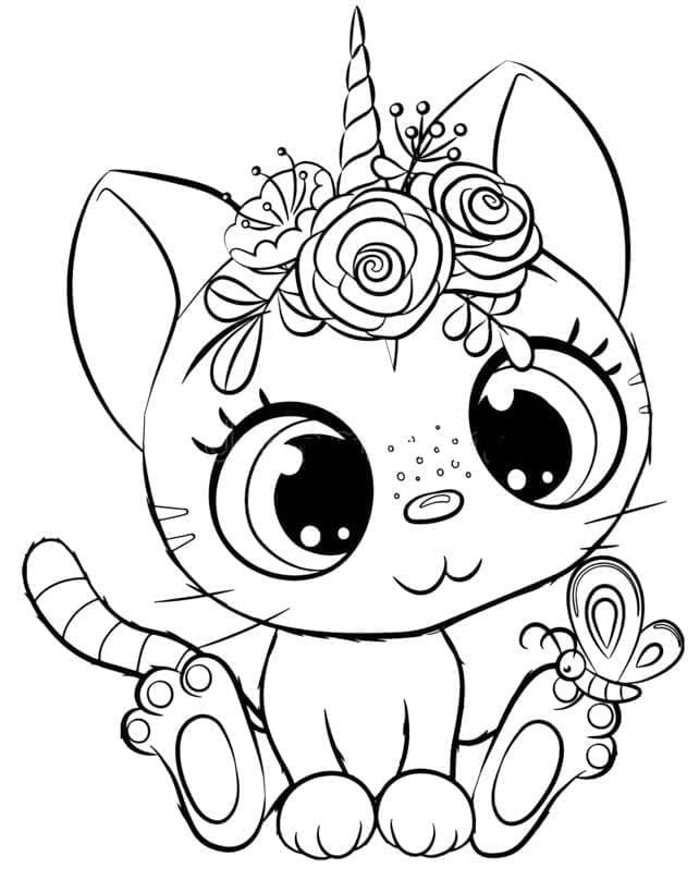 Desenhos de Gato Unicórnio Fofo e Borboleta para colorir
