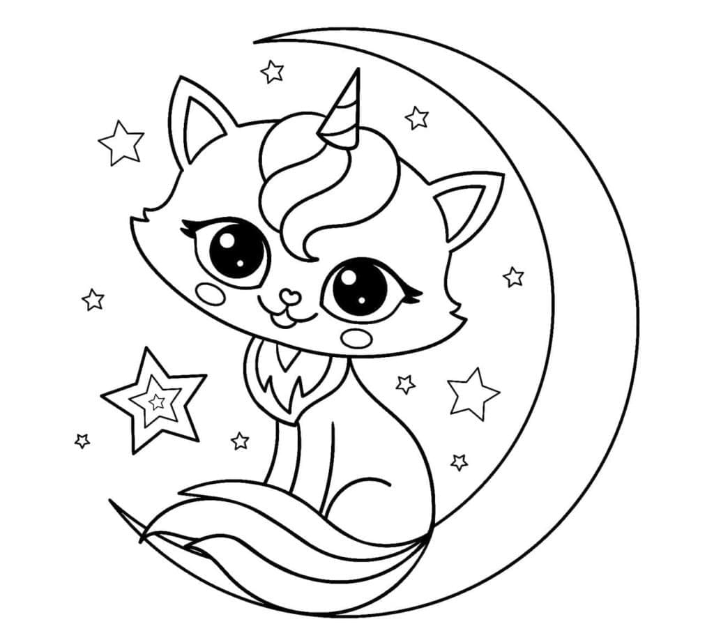 Desenhos de Gato Unicórnio Fofo na Lua para colorir