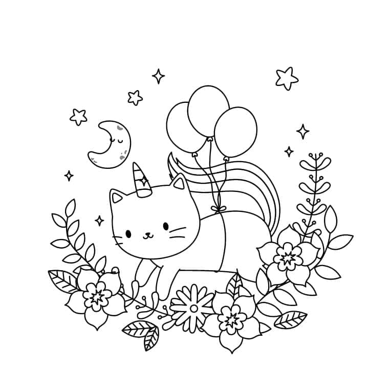 Desenhos de Gato Unicórnio com Balões para colorir