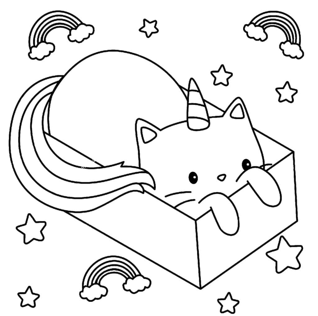 Gato Unicórnio na Caixa para colorir