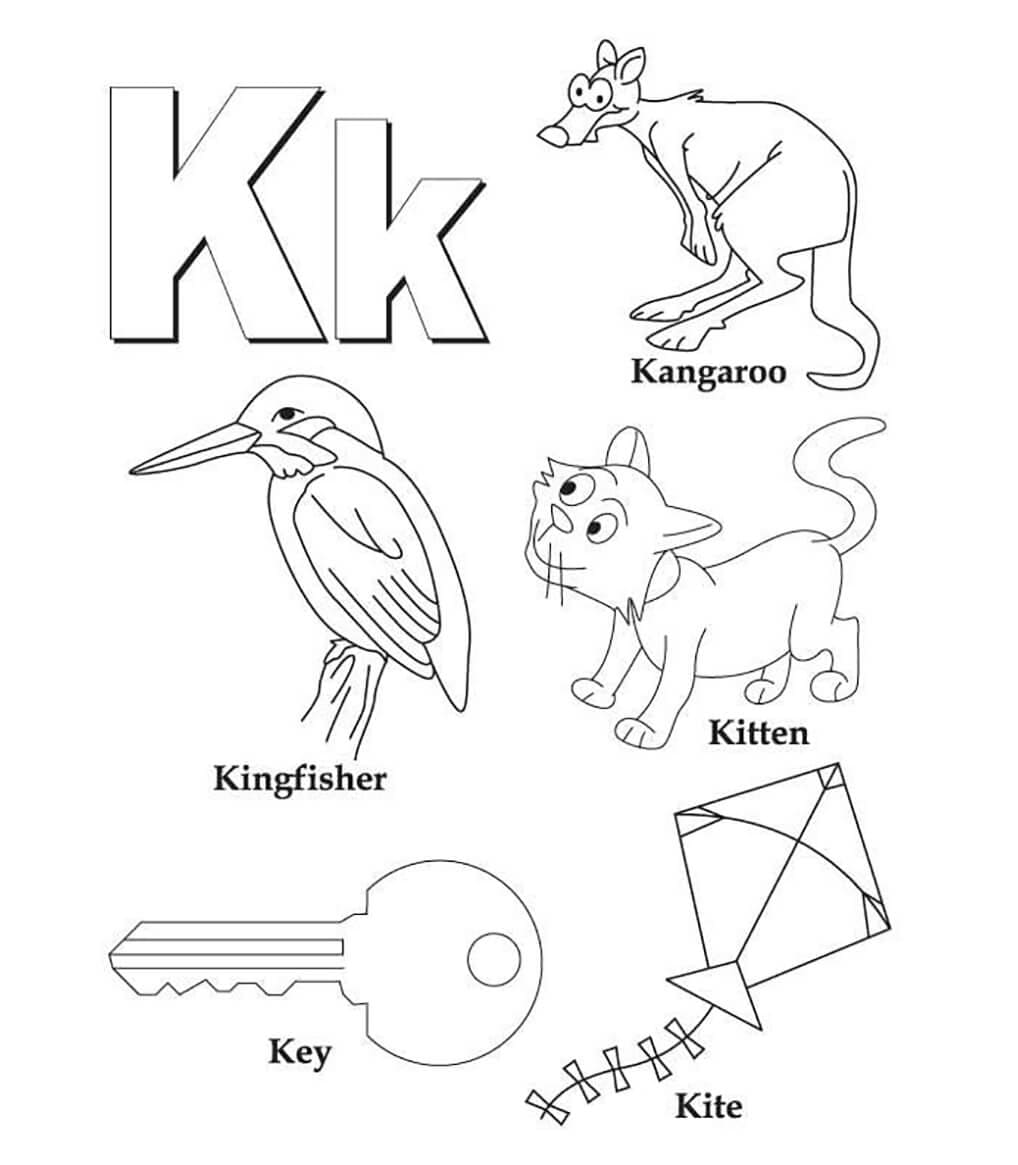 Letra K Key Dragon Kitten Kangaroo para colorir