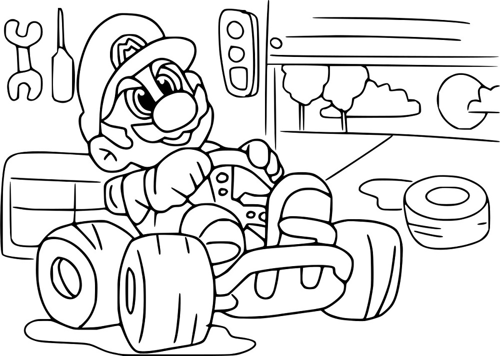 Desenhos de Mario Kart e caixa de ferramentas para colorir