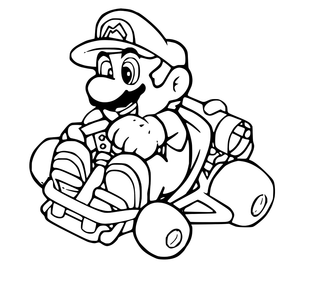 Mario a conduzir um pequeno Kart para colorir