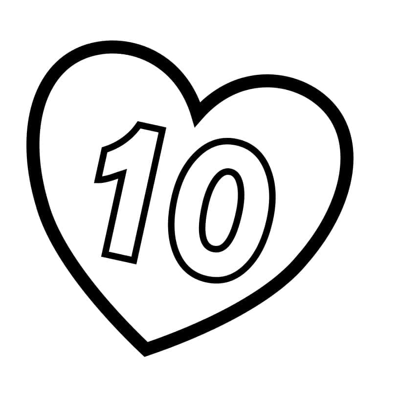 Número 10 no coração para colorir